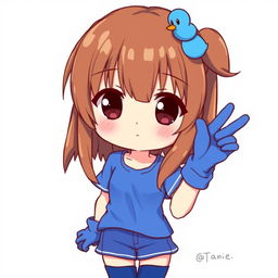 Anime style illustration of a girl with brown hair and dark brown eyes, featuring a blue duck hair clip