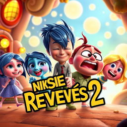 A captivating YouTube thumbnail for "Del Revés 2" (Inside Out 2), featuring vibrant and colorful characters like Joy, Sadness, Anger, Fear, and Disgust engaging in a whimsical and dreamlike adventure