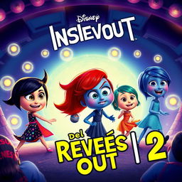 A captivating YouTube thumbnail for "Del Revés 2" (Inside Out 2), featuring vibrant and colorful characters like Joy, Sadness, Anger, Fear, and Disgust engaging in a whimsical and dreamlike adventure