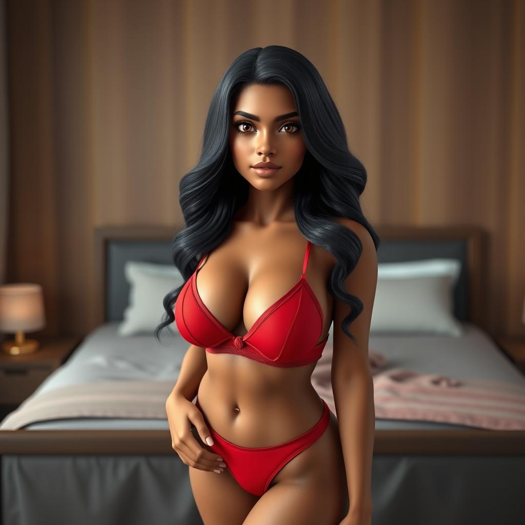 A realistic AI avatar of a 24-year-old Sri Lankan female standing confidently in front of a bed in the morning