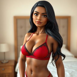 A realistic AI avatar of a 24-year-old Sri Lankan female standing confidently in front of a bed in the morning