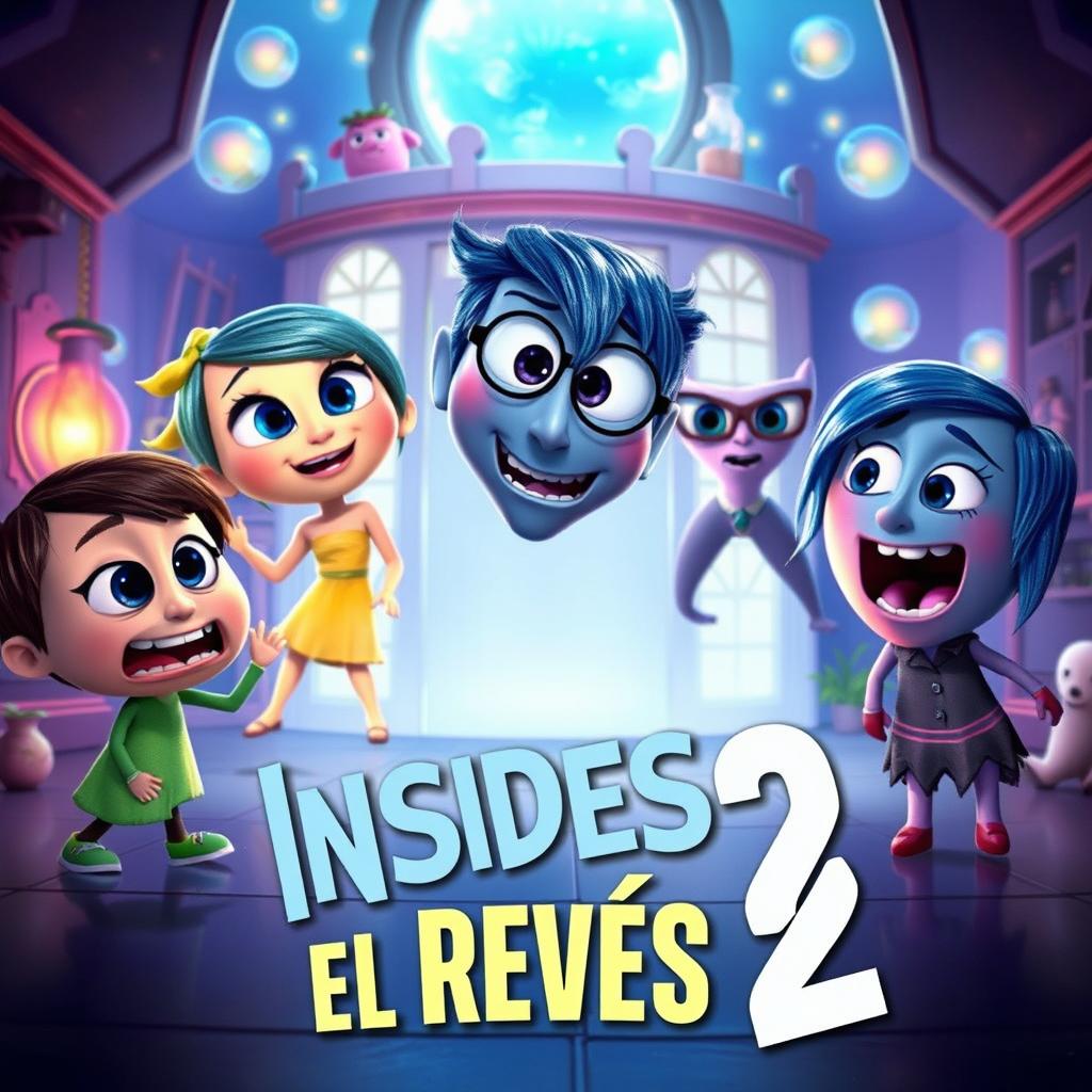 A captivating YouTube thumbnail for "Del Revés 2" (Inside Out 2), featuring vibrant and colorful characters like Joy, Sadness, Anger, Fear, and Disgust engaging in a whimsical and dreamlike adventure