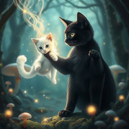 A black cat performing magic, transforming into a white cat