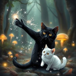 A black cat performing magic, transforming into a white cat