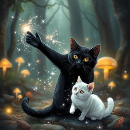 A black cat performing magic, transforming into a white cat