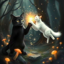 A black cat performing magic, transforming into a white cat