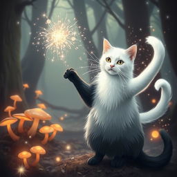 A black cat performing magic, transforming into a white cat