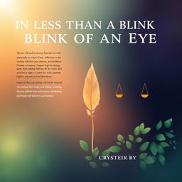 A non-fiction book cover titled "In Less Than a Blink of an Eye," focused on improving life and spirituality with chapters on Free Will, Innocence, Less Internet, Anti-Capitalism, God, and Nature