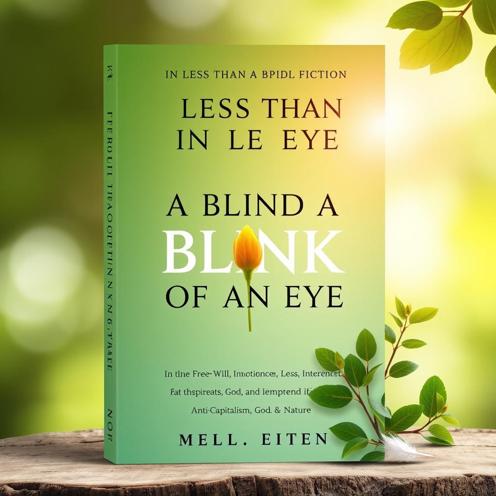 A non-fiction book cover titled "In Less Than a Blink of an Eye," focused on improving life and spirituality with chapters on Free Will, Innocence, Less Internet, Anti-Capitalism, God, and Nature