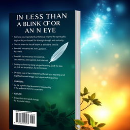 A non-fiction book cover titled "In Less Than a Blink of an Eye," focused on improving life and spirituality with chapters on Free Will, Innocence, Less Internet, Anti-Capitalism, God, and Nature