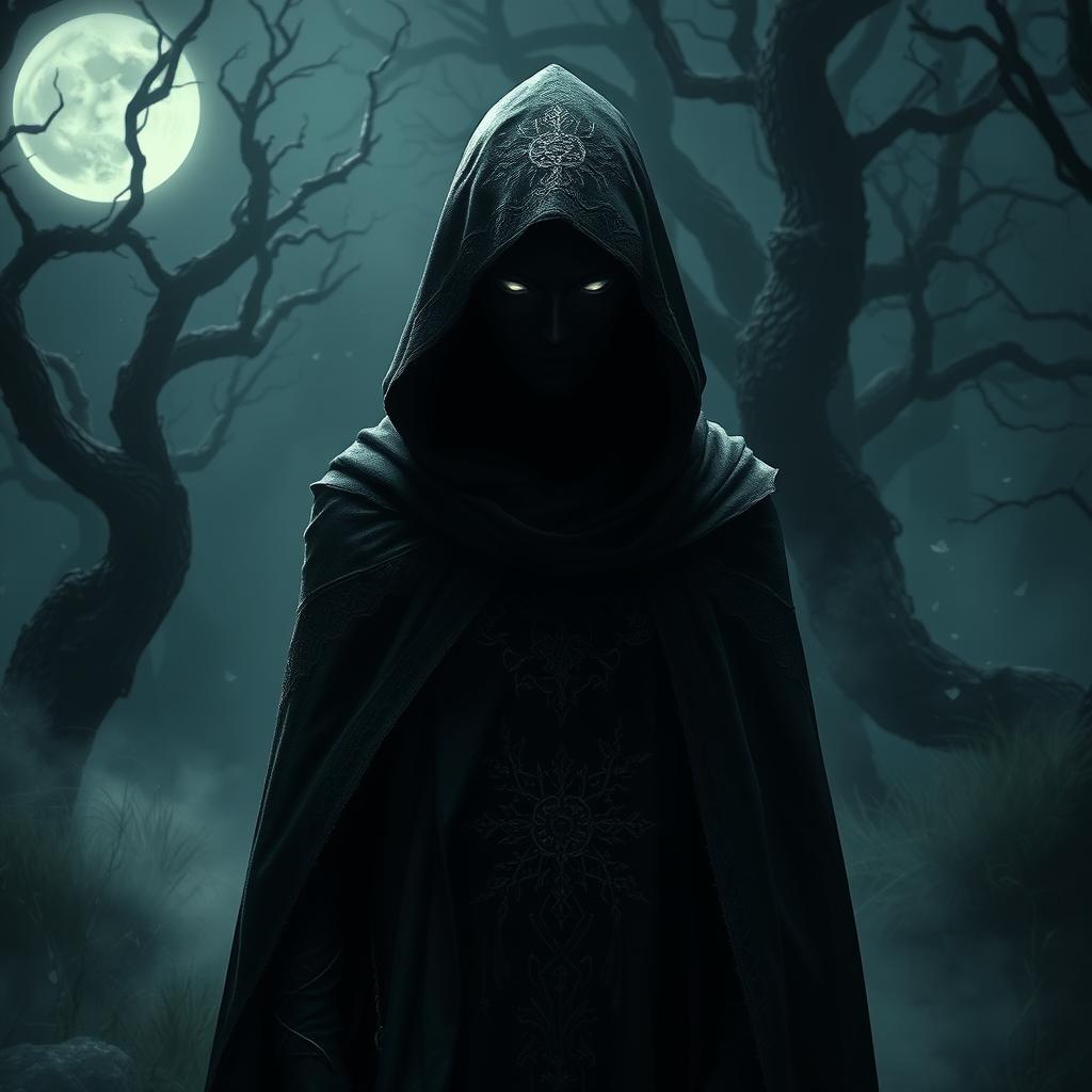 A mysterious character shrouded in shadows, wearing an intricately designed black cloak and hood