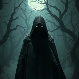 A mysterious character shrouded in shadows, wearing an intricately designed black cloak and hood