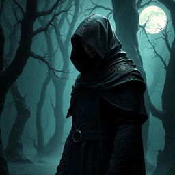 A mysterious character shrouded in shadows, wearing an intricately designed black cloak and hood