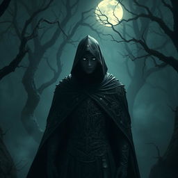 A mysterious character shrouded in shadows, wearing an intricately designed black cloak and hood