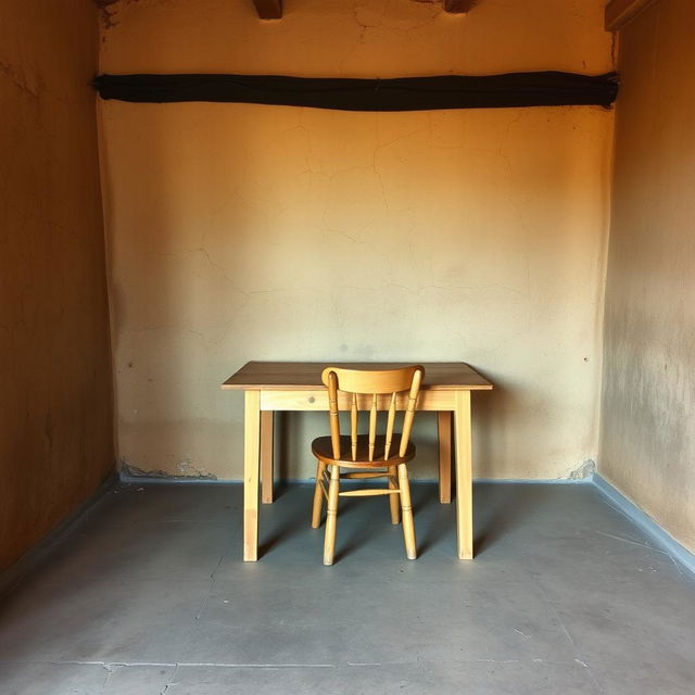 A simple, low-budget study area in a rustic room with cracked, earthen walls and a basic, worn floor