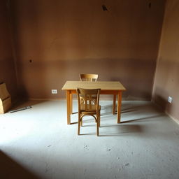 A simple, low-budget study area in a rustic room with cracked, earthen walls and a basic, worn floor