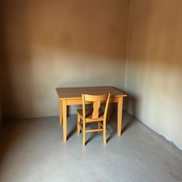 A simple, low-budget study area in a rustic room with cracked, earthen walls and a basic, worn floor