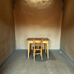 A simple, low-budget study area in a rustic room with cracked, earthen walls and a basic, worn floor