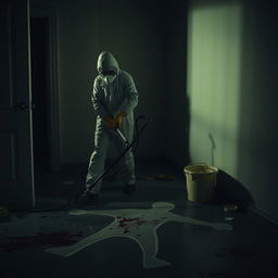 A professional crime scene cleaner meticulously sanitizing a formerly chaotic murder site, ensuring every detail is spotless