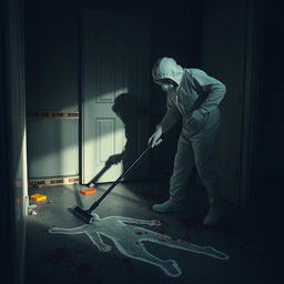 A professional crime scene cleaner meticulously sanitizing a formerly chaotic murder site, ensuring every detail is spotless