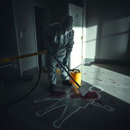 A professional crime scene cleaner meticulously sanitizing a formerly chaotic murder site, ensuring every detail is spotless