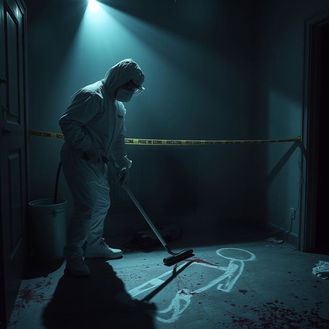 A professional crime scene cleaner meticulously sanitizing a formerly chaotic murder site, ensuring every detail is spotless