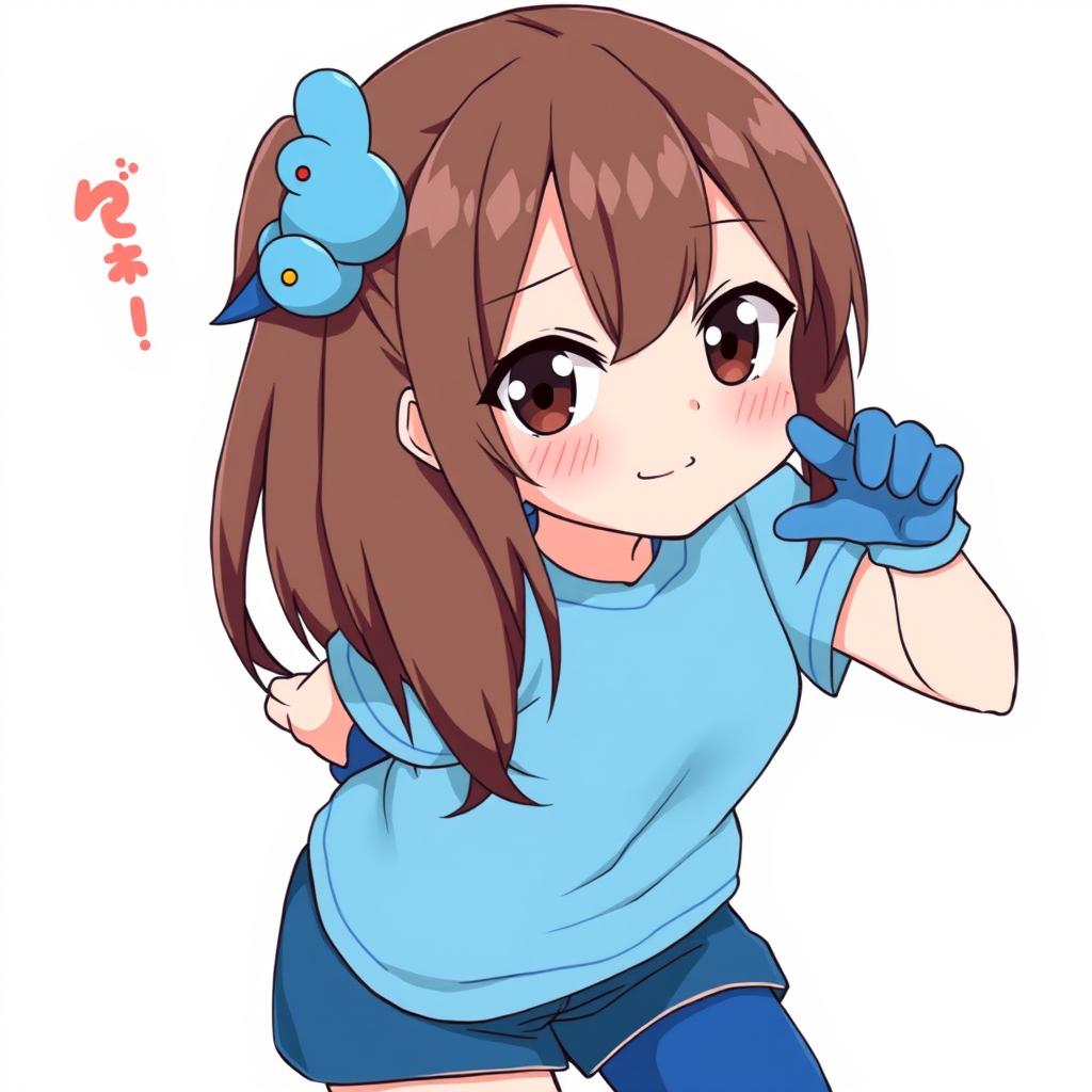 Anime style illustration of a girl with brown hair and dark brown eyes, wearing a blue duck hair clip