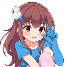 Anime style illustration of a girl with brown hair and dark brown eyes, wearing a blue duck hair clip