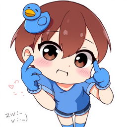 Anime style illustration of a girl with brown hair and dark brown eyes, wearing a blue duck hair clip