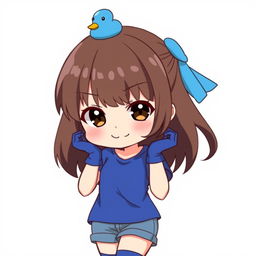 Anime style illustration of a girl with brown hair and dark brown eyes, wearing a blue duck hair clip