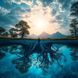 A surreal scene with elements flipped upside down, showcasing a dreamlike environment with impossible perspectives