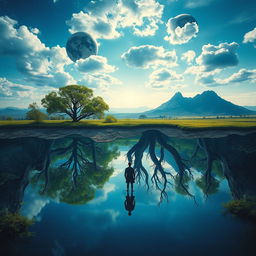 A surreal scene with elements flipped upside down, showcasing a dreamlike environment with impossible perspectives