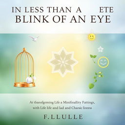 A non-fiction book cover titled "In Less Than a Blink of an Eye," dedicated to transforming life and spirituality with chapters like Free Will, Innocence, Minimalism, Epicure, God, Divinity, and Happiness