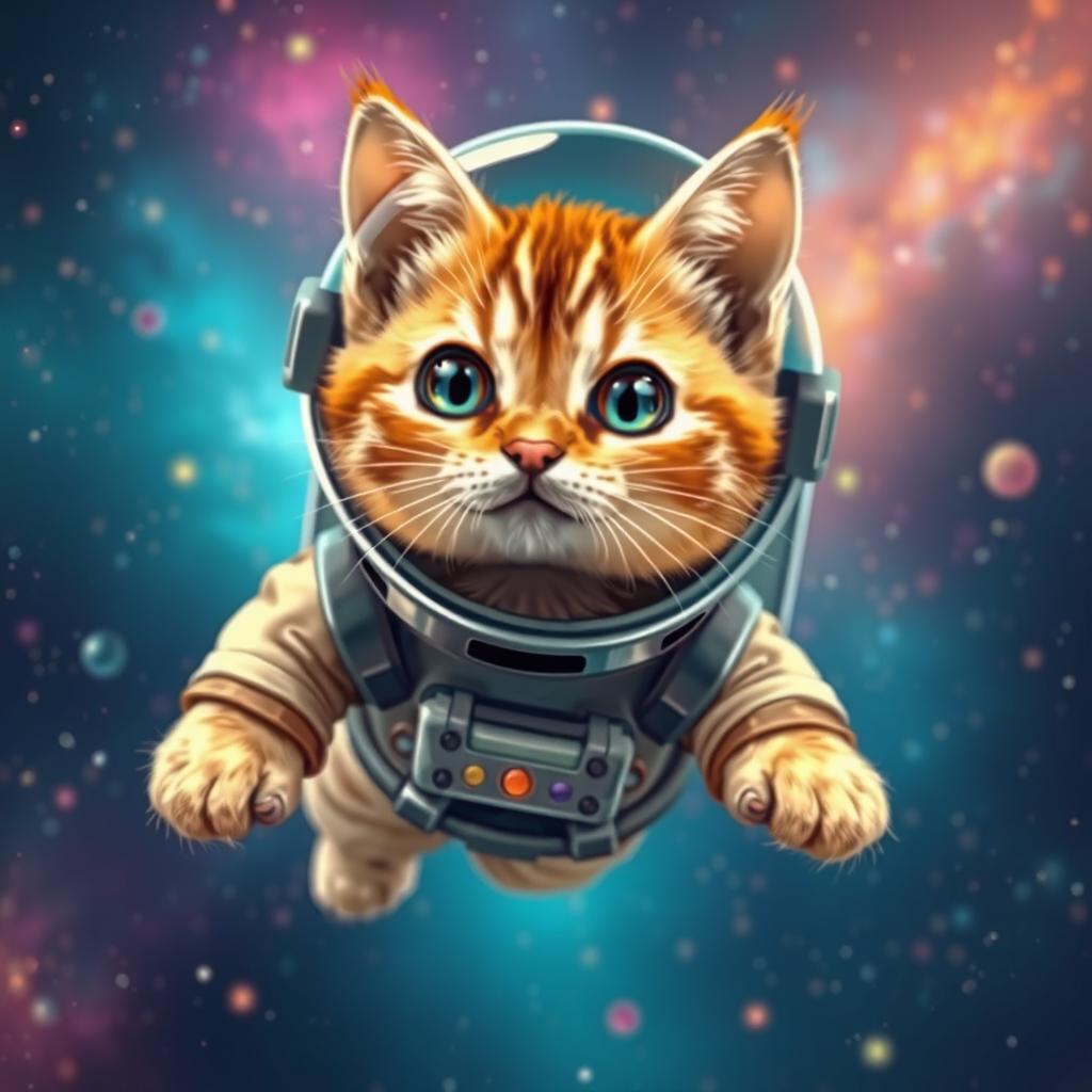 A charming cat dressed in a detailed astronaut suit, complete with a helmet and space gear, floating in a vibrant and colorful cosmic background featuring distant stars and galaxies