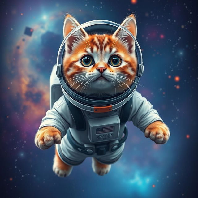 A charming cat dressed in a detailed astronaut suit, complete with a helmet and space gear, floating in a vibrant and colorful cosmic background featuring distant stars and galaxies