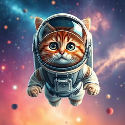 A charming cat dressed in a detailed astronaut suit, complete with a helmet and space gear, floating in a vibrant and colorful cosmic background featuring distant stars and galaxies