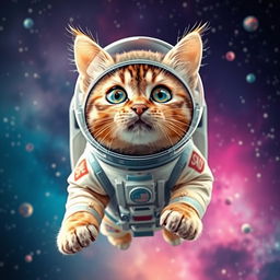 A charming cat dressed in a detailed astronaut suit, complete with a helmet and space gear, floating in a vibrant and colorful cosmic background featuring distant stars and galaxies