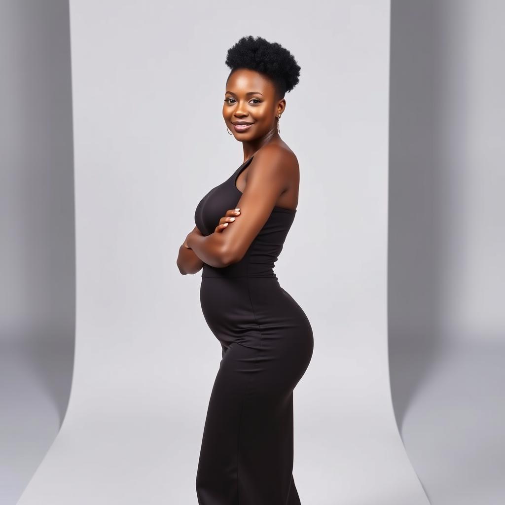 Confident African woman with an ample bust, standing with poise, elegantly dressed, striking a confident pose against a minimalist background