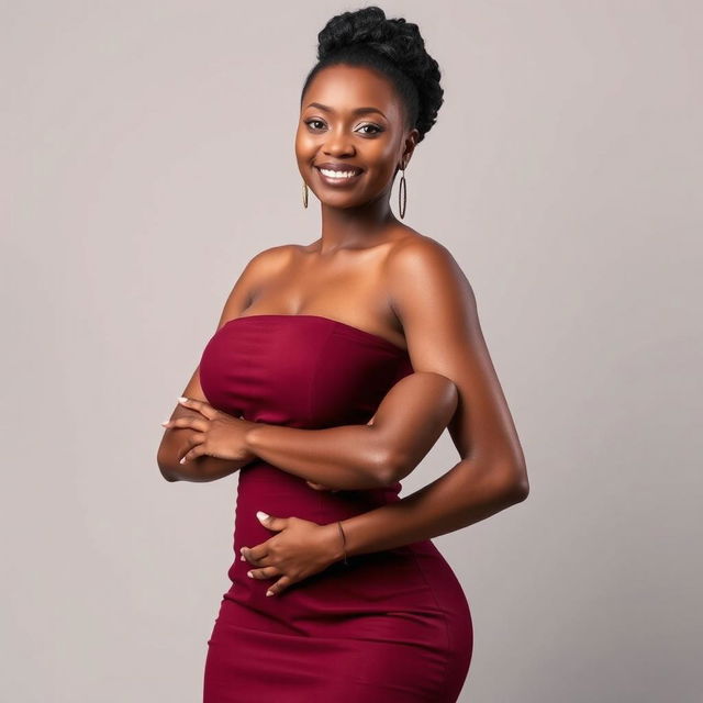 Confident African woman with an ample bust, standing with poise, elegantly dressed, striking a confident pose against a minimalist background