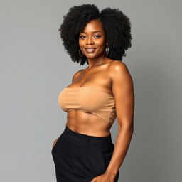 Confident African woman with an ample bust, standing with poise, elegantly dressed, striking a confident pose against a minimalist background