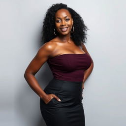 Confident African woman with an ample bust, standing with poise, elegantly dressed, striking a confident pose against a minimalist background