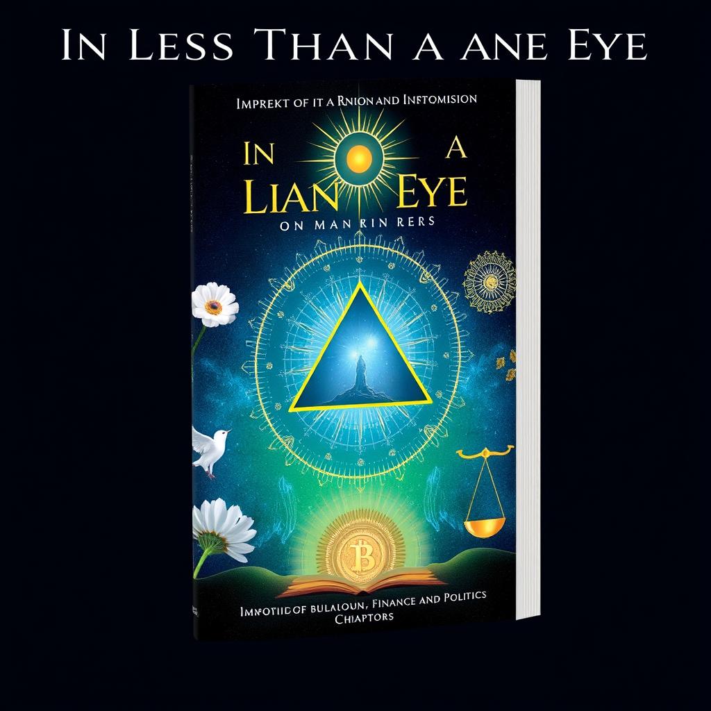 A non-fiction book cover titled "In Less Than a Blink of an Eye," focusing on improving life and spirituality with chapters on Free Will, Innocence, Minimalism, God, Divinity, Happiness, Health, Finance, and Politics