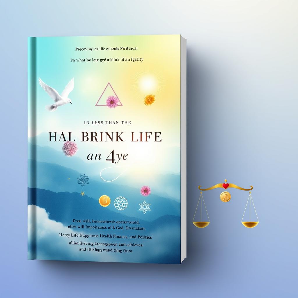 A non-fiction book cover titled "In Less Than a Blink of an Eye," focusing on improving life and spirituality with chapters on Free Will, Innocence, Minimalism, God, Divinity, Happiness, Health, Finance, and Politics