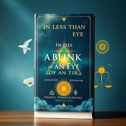 A non-fiction book cover titled "In Less Than a Blink of an Eye," focusing on improving life and spirituality with chapters on Free Will, Innocence, Minimalism, God, Divinity, Happiness, Health, Finance, and Politics