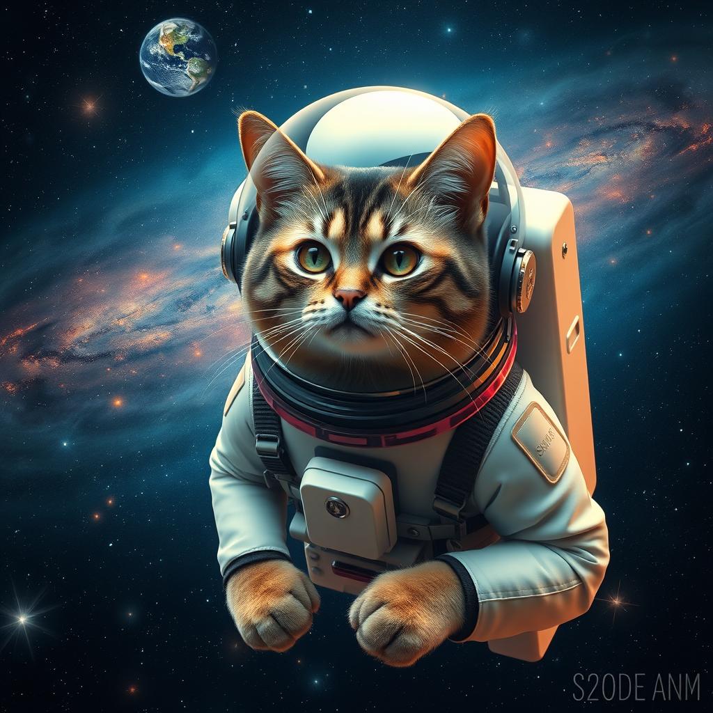 A majestic adult cat in a sophisticated astronaut suit, complete with a glossy helmet and advanced space gear, gracefully floating amidst a stunning cosmic vista filled with luminous stars and swirling galaxies