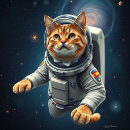 A majestic adult cat in a sophisticated astronaut suit, complete with a glossy helmet and advanced space gear, gracefully floating amidst a stunning cosmic vista filled with luminous stars and swirling galaxies