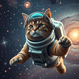 A majestic adult cat in a sophisticated astronaut suit, complete with a glossy helmet and advanced space gear, gracefully floating amidst a stunning cosmic vista filled with luminous stars and swirling galaxies