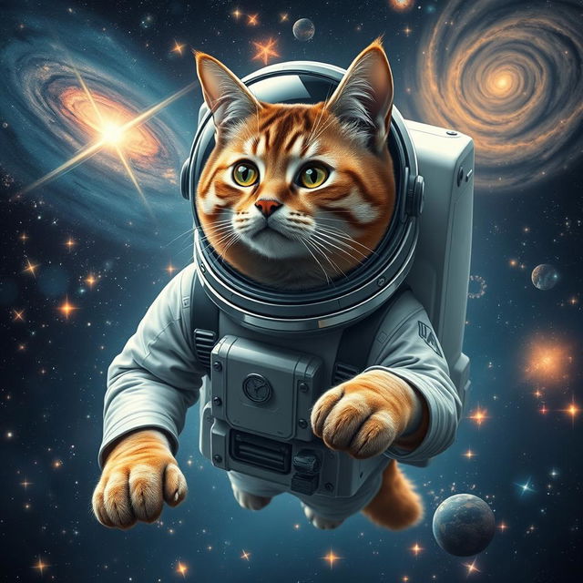 A majestic adult cat in a sophisticated astronaut suit, complete with a glossy helmet and advanced space gear, gracefully floating amidst a stunning cosmic vista filled with luminous stars and swirling galaxies