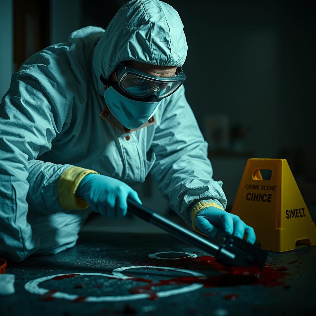 A captivating YouTube thumbnail featuring a crime scene cleaner at work, meticulously restoring order to a once chaotic murder site