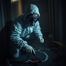 A captivating YouTube thumbnail featuring a crime scene cleaner at work, meticulously restoring order to a once chaotic murder site